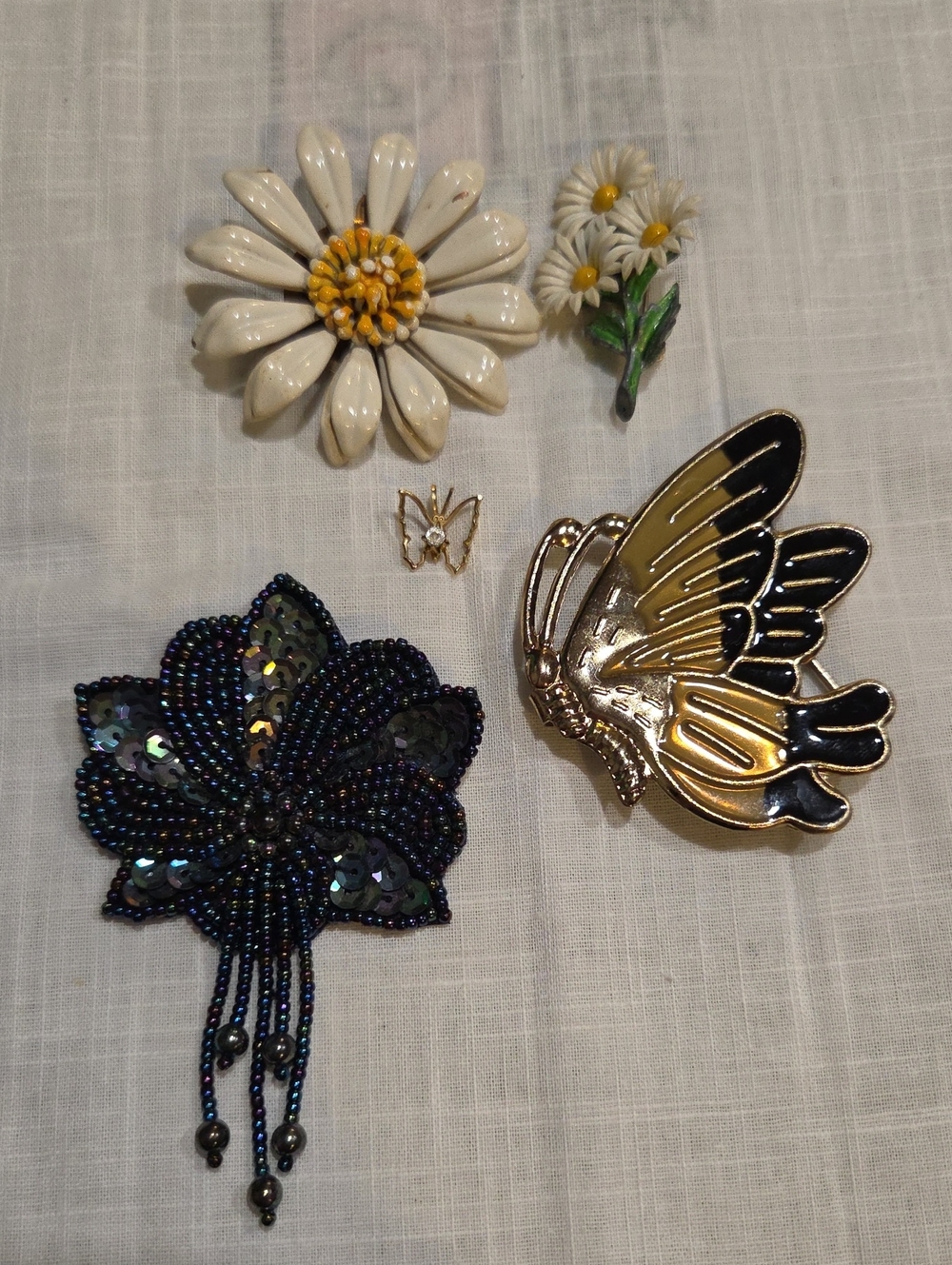 Gold and Black Butterfly Scarf Holder, 3 Flower Pins And Small Butterfly Charm